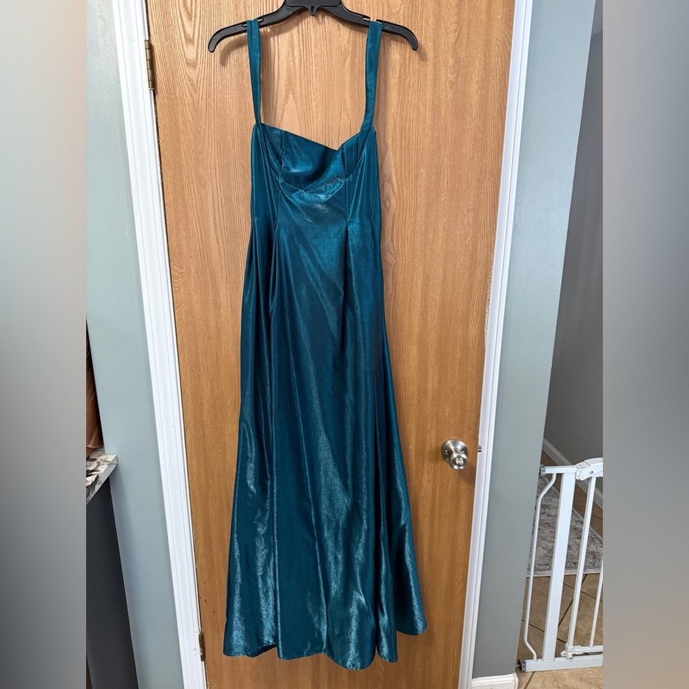 Lulus Aura Shiny Dark Teal Taffeta Maxi Dress With Pockets size medium - Picture 5 of 15